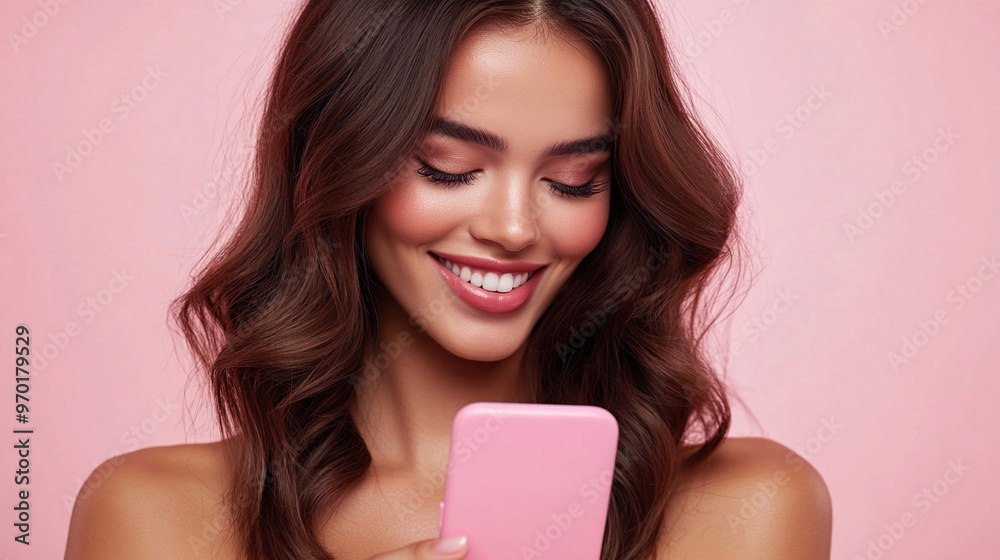 A 40 years old woman smiling while holding her smartphone and typing A 40 years old woman smiling while holding her smartphone and typing