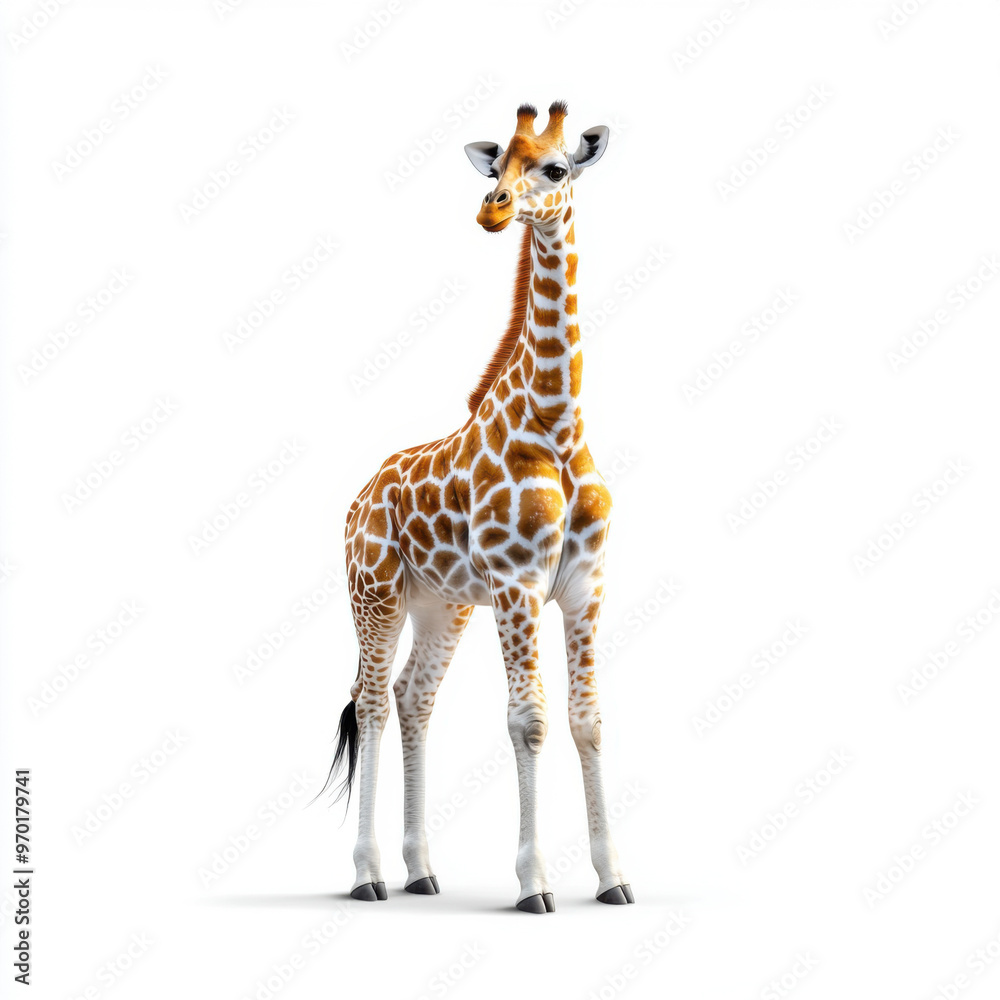 Fototapeta premium 3D illustration of a giraffe standing on a plain white background, showing detailed textures and lifelike proportions.