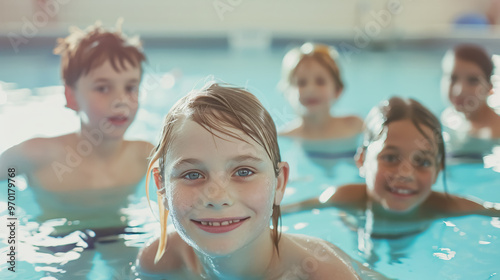 Group of children at a swimming pool.