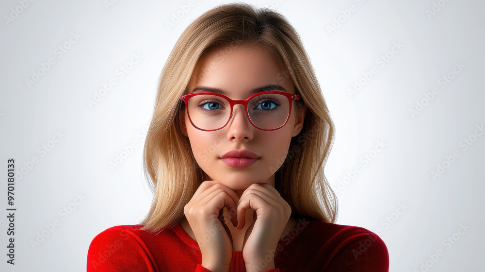 A close-up portrait of a serious young woman wearing red glasses and a red sweater, with a neutral expression and light background. A close-up portrait of a serious young woman wearing red glasses and a red sweater, with a neutral expression and light background.
