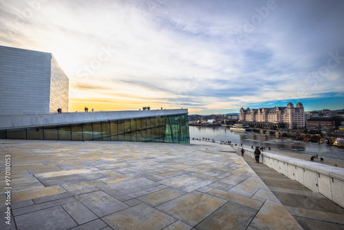 Oslo - February 12 2023: The modern Opera house of Oslo, Norway