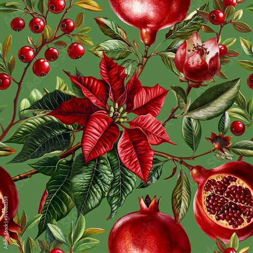 Seamless vector pattern with pomegranates, poinsettia flowers and berries isolated on a changeable background. Vintage painting style illustration.