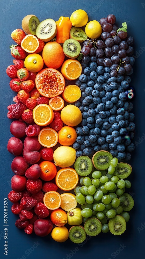vibrant still life composition of exotic fruits and vegetables arranged in a rainbow gradient on a deep blue background emphasizing color and texture vibrant still life composition of exotic fruits and vegetables arranged in a rainbow gradient on a deep blue background emphasizing color and texture