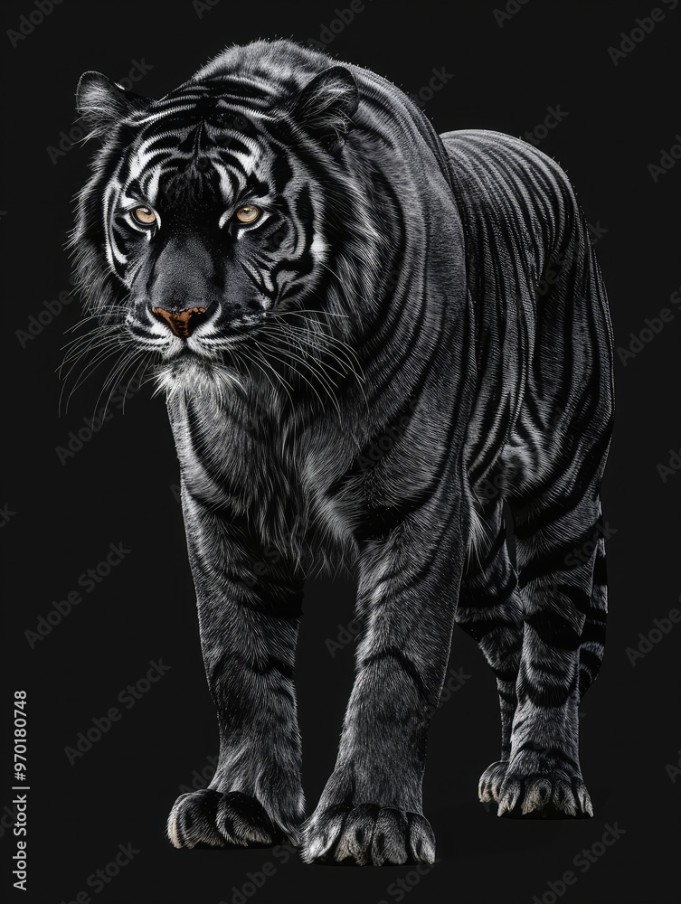 Fototapeta premium Black tiger in walking stance with detailed stripes and intense expression