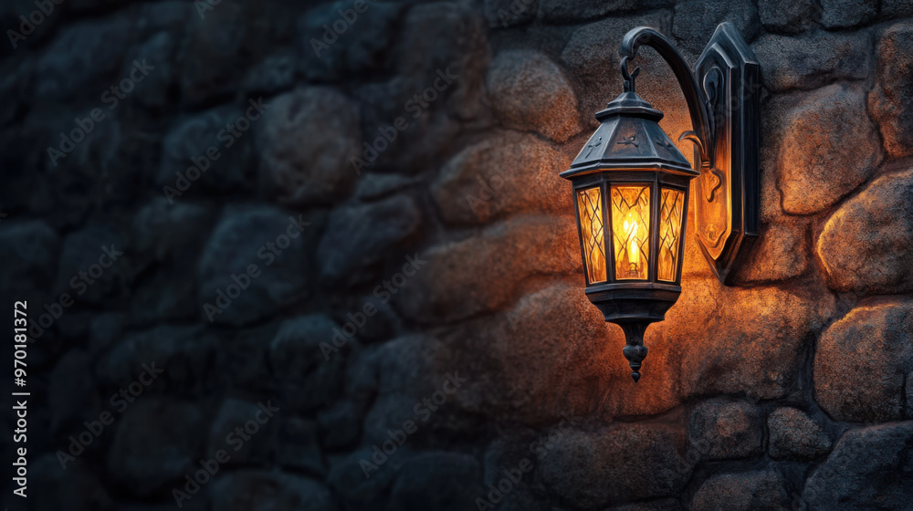 An antique lantern attached to a textured stone wall, glowing warmly in the dark, creating a peaceful, nostalgic ambiance. An antique lantern attached to a textured stone wall, glowing warmly in the dark, creating a peaceful, nostalgic ambiance.