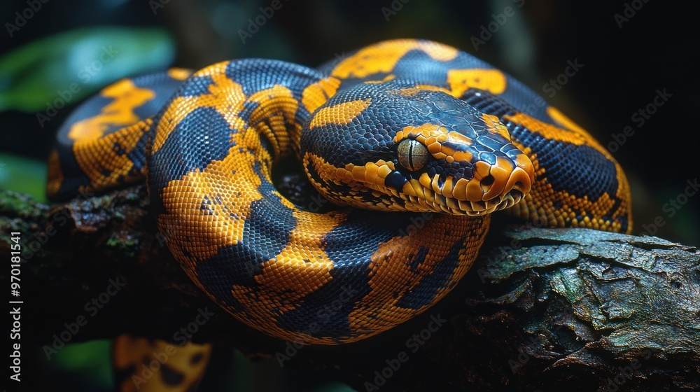 A vibrant snake resting on a branch in a lush environment. A vibrant snake resting on a branch in a lush environment.