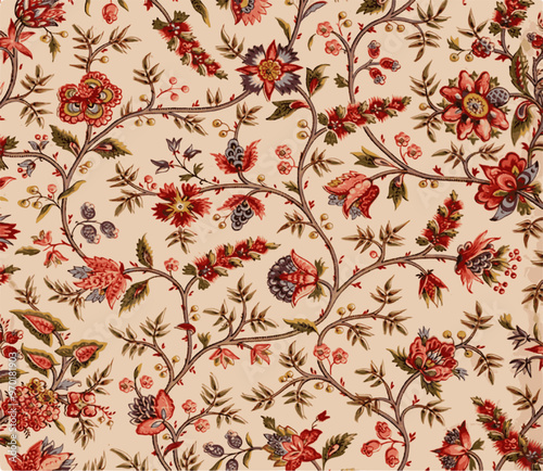 Floral pattern with stylized blossoms and foliage on a cream background in vibrant red, pink, blue, and green hues.