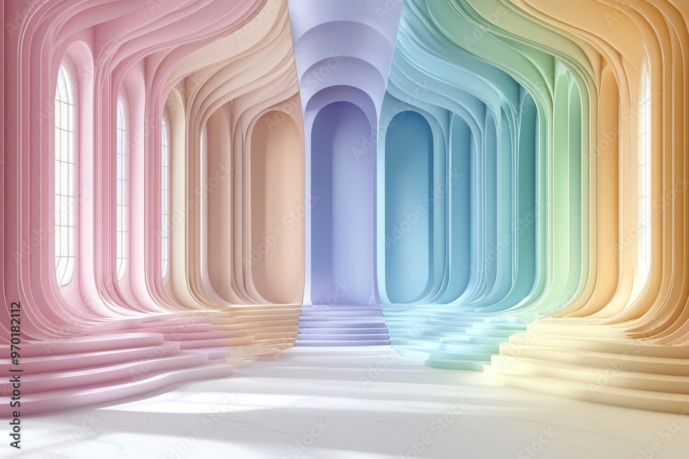 Fototapeta premium Abstract Pastel-Colored Interior With Curved Walls and Windows