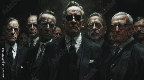 Stern elder statesmen in suits, grim expressions. Central figure with sunglasses exudes authority. Dark, moody atmosphere suggests power dynamics. Collective portrait of influential leaders photo