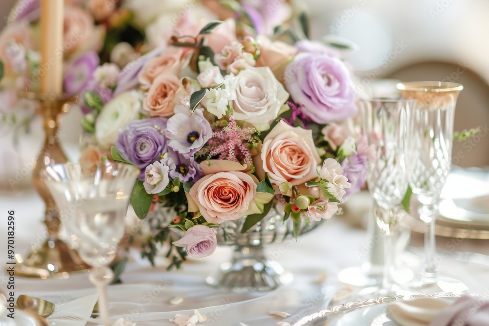 A beautiful floral arrangement sits on a blue tablecloth, with candles, generative ai image A beautiful floral arrangement sits on a blue tablecloth, with candles, generative ai image