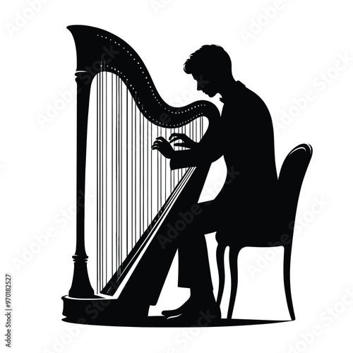 Silhouette of a harpist playing harp