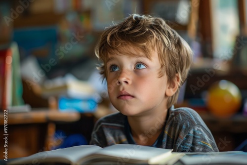 A boy sits in class and looks thoughtfully to the side