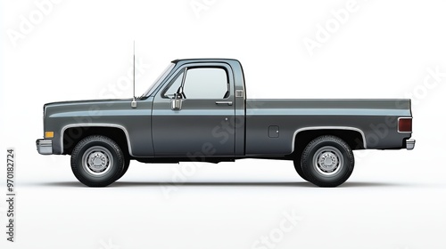 A vintage gray pickup truck with a white background