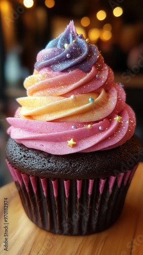 whimsical galaxythemed cupcake swirling nebula frosting edible glitter stars dark chocolate cake base gravitydefying toppings photo