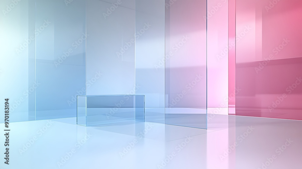 Minimalist Glass Room with Pink and Blue Walls and a Glass Platform Minimalist Glass Room with Pink and Blue Walls and a Glass Platform