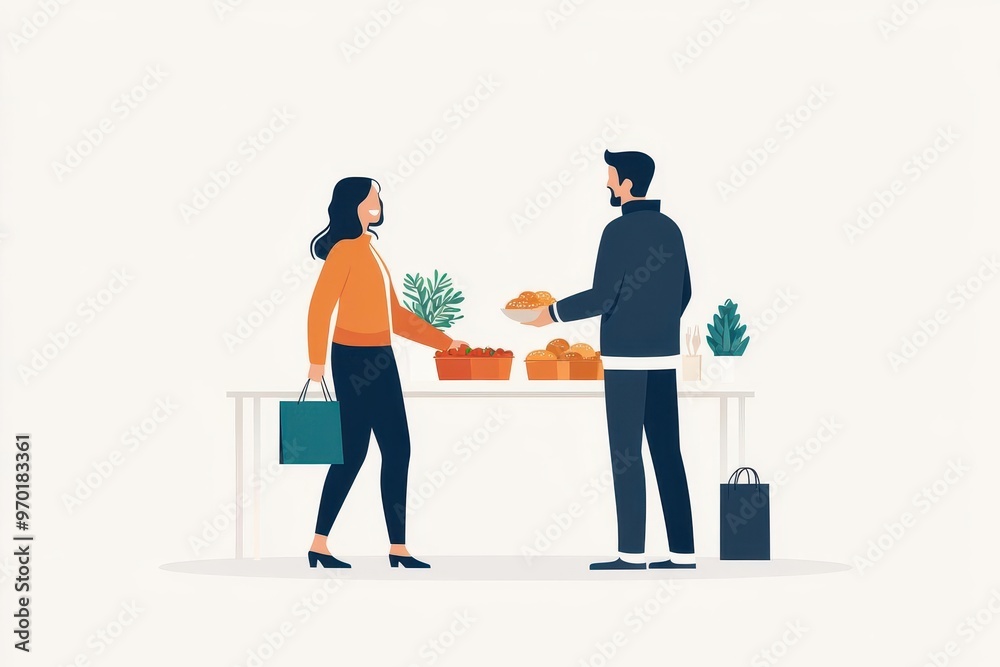 Family shopping for holiday food during Black Friday, joyful atmosphere, flat design illustration Family shopping for holiday food during Black Friday, joyful atmosphere, flat design illustration