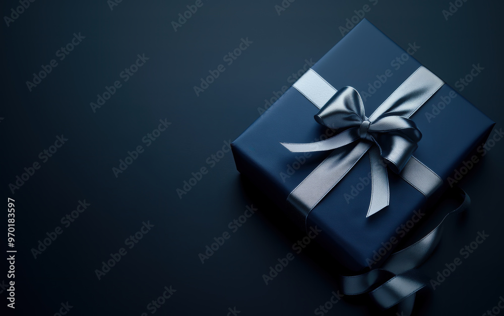 Dark blue gift box with silver ribbon on dark background. Top view of greeting gift with copy space for Christmas present, holiday or birthday Dark blue gift box with silver ribbon on dark background. Top view of greeting gift with copy space for Christmas present, holiday or birthday