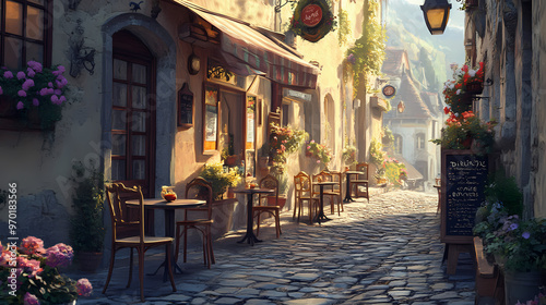 Coffee shop, bossa nova style, cute tables outside, cobblestone road, flowers, daytime, cinematic lighting, moody, realism. Realism. Illustration photo