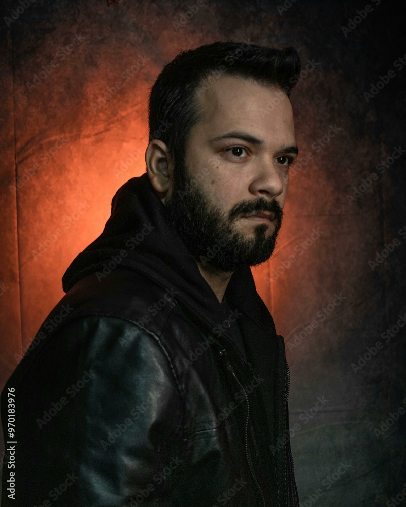 A man stands in a studio wearing a black hooded jacket, with soft lighting casting subtle shadows that accentuate the sleek texture of the jacket and the contours of his face. A man stands in a studio wearing a black hooded jacket, with soft lighting casting subtle shadows that accentuate the sleek texture of the jacket and the contours of his face.
