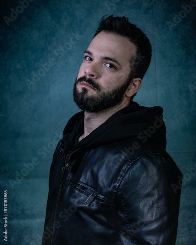 Картината върху платно A man stands in a studio wearing a black hooded jacket, with soft lighting casting subtle shadows that accentuate the sleek texture of the jacket and the contours of his face