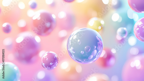 Colorful glossy spheres floating in a soft pastel background, creating a playful and surreal atmosphere. Pastel. Illustration