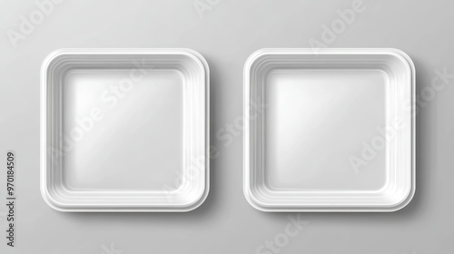 Takeout plastic tray set, white, empty, blank. Plastic serving trays for parties at home, catered events, workplace gatherings, and banquets. Vector realistic illustration in a style