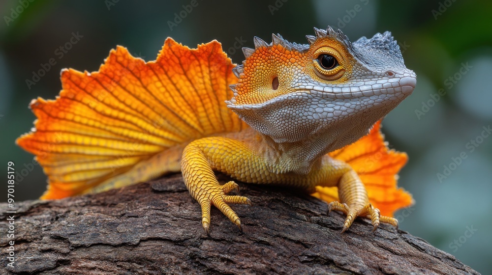 A vibrant lizard perched on a branch in a natural setting. A vibrant lizard perched on a branch in a natural setting.