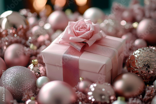 Pink Christmas gift with rose decoration among festive ornaments photo