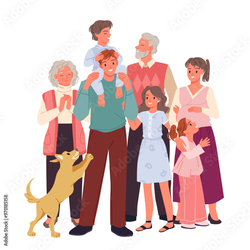 Big happy family standing together with love. Fun gathering of generations of relatives, father and pregnant mother with children, grandmother and grandfather, dog cartoon vector illustration