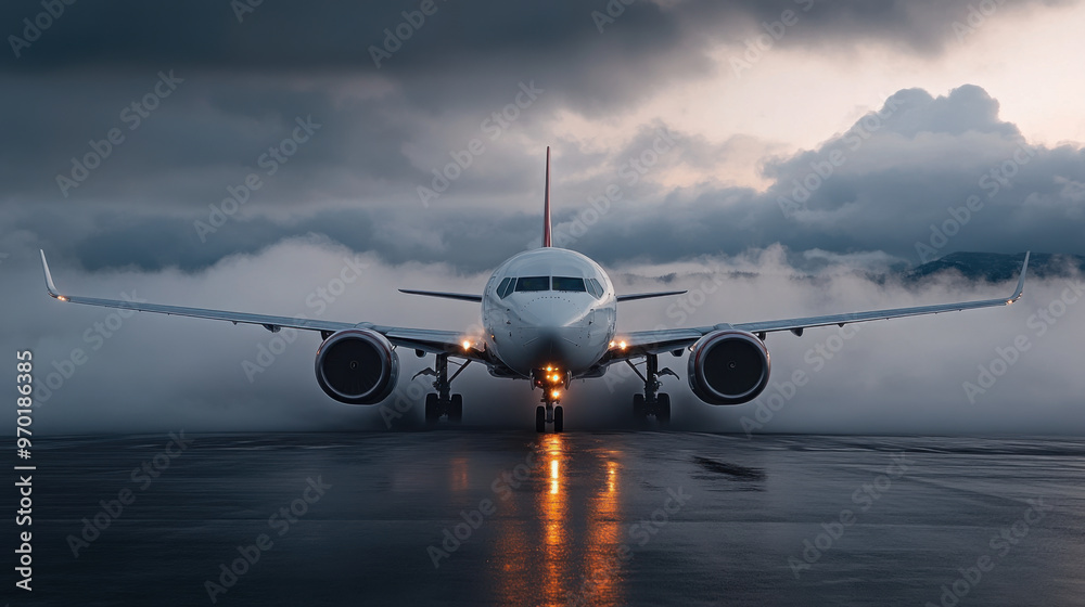 Front view of a passenger airplane preparing for takeoff amidst dark storm clouds, reflecting on a wet runway surface. Front view of a passenger airplane preparing for takeoff amidst dark storm clouds, reflecting on a wet runway surface.
