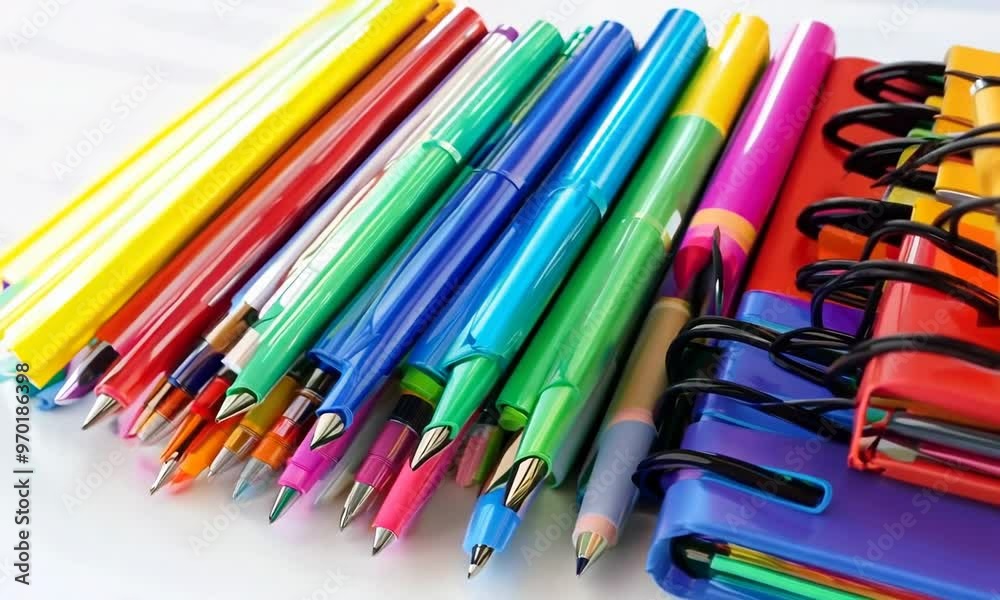 Stack of colorful notebooks with pens on white background, Video Stack of colorful notebooks with pens on white background, Video