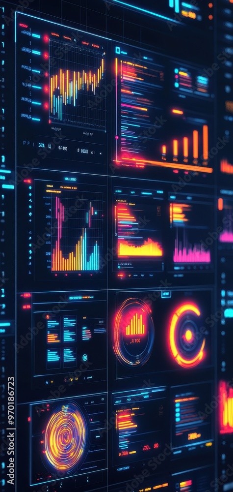 Obraz premium Colorful digital data visualization with futuristic charts and graphs displaying analytics insights, perfect for tech and finance themes.