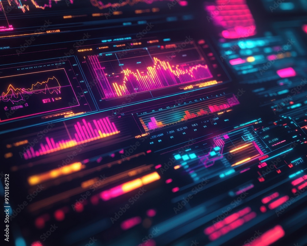 Futuristic digital interface with vibrant data visualizations, graphs, and analytics on a high-tech screen. Ideal for technology and finance themes.