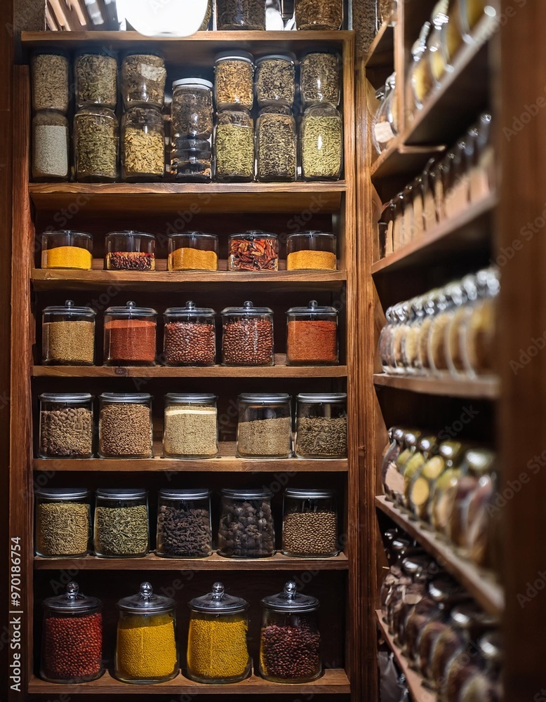 Traditional spice racks with depth of field featuring assorted spices and cultural heritage Traditional spice racks with depth of field featuring assorted spices and cultural heritage