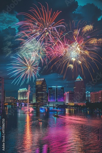 Downtown Tampa skyline illuminated by vibrant fireworks during night celebration over water with city reflections