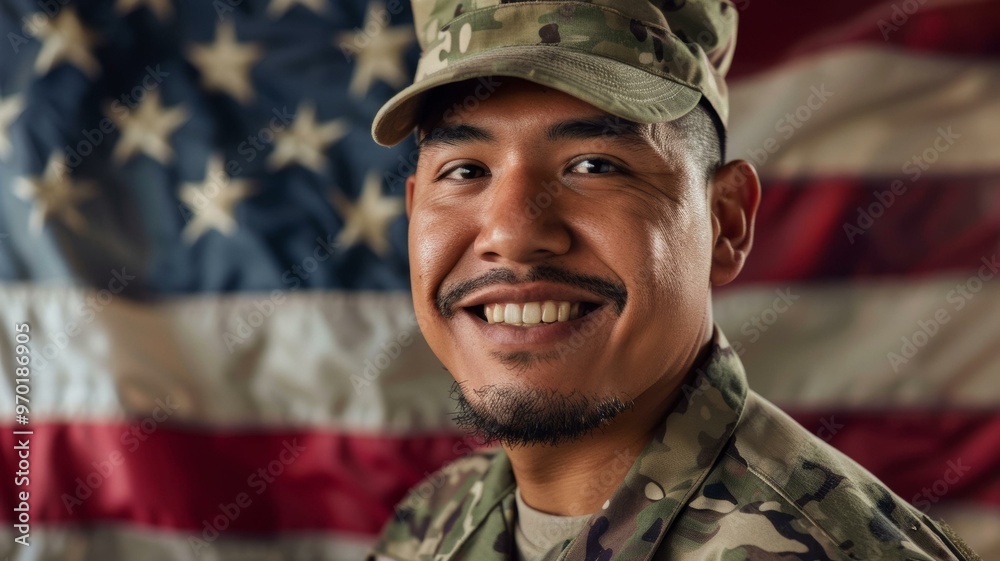 Fototapeta premium Smiling soldier in military uniform posing against American flag background for patriotic stock photo shoot