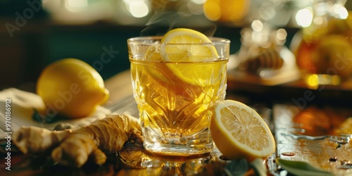 Ginger tea with lemon and honey in a crystal glass on a wooden table with space for text