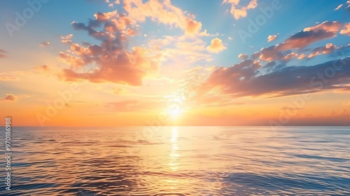 Sunset sky clouds over sea in the evening with colorful orange sunlight reflect on the sea landscape with summer travel concept : Generative AI