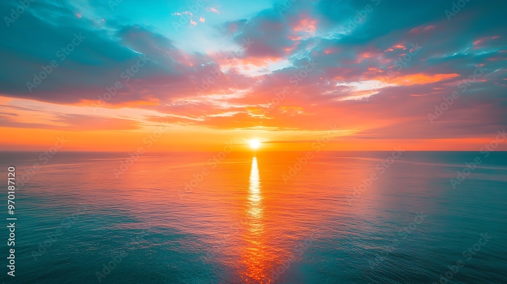 Obraz premium Sunset sky clouds vertical over sea in the evening with colorful orange sunlight reflect on the sea landscape with summer travel concept : Generative AI