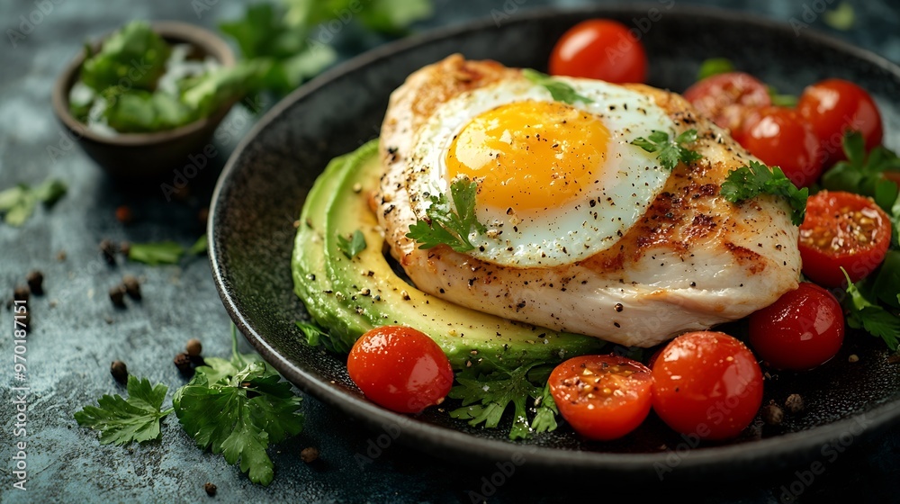 Ketogenic diet breakfast avocado eggs chicken fillet and cherry tomatoes Keto food concept Restaurant menu dieting cookbook recipe top view : Generative AI Ketogenic diet breakfast avocado eggs chicken fillet and cherry tomatoes Keto food concept Restaurant menu dieting cookbook recipe top view : Generative AI