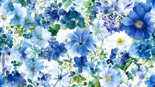 Watercolor floral seamless pattern with blue and white flowers and green leave