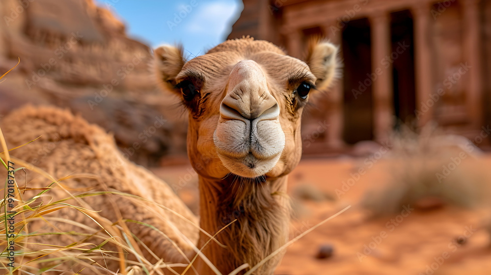 Obraz premium Two Camels Sitting Front The Treasury Pet