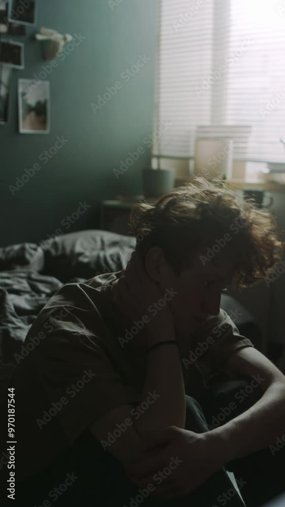 Vertical shot of young man putting head on knees and touching neck while sitting on floor beside messy bed Vertical shot of young man putting head on knees and touching neck while sitting on floor beside messy bed