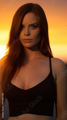 woman with long red hair in black top against orange sunset