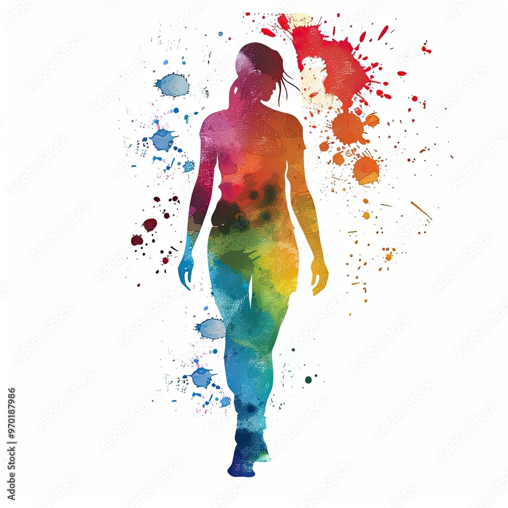 Fototapeta premium A man standing is illustrated in a dynamic watercolor style, with energetic splashes of color on a white background, conveying an artistic and lively atmosphere.