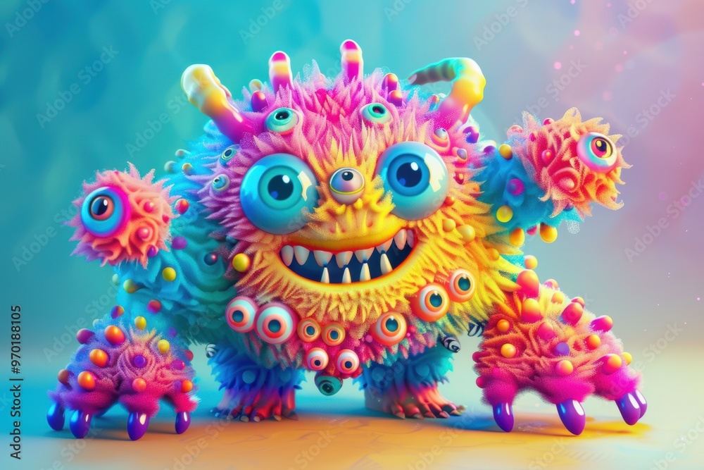 Neon-lit 3D cute monster in bright magenta and cyan, boasting a dynamic and imaginative design. Neon-lit 3D cute monster in bright magenta and cyan, boasting a dynamic and imaginative design.