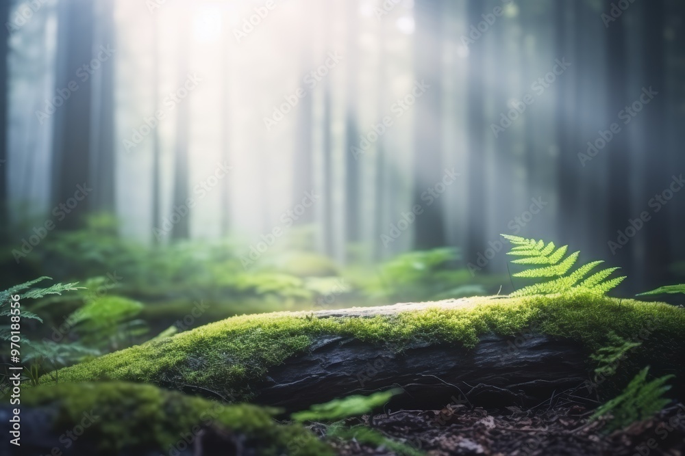 Lush green forest with ferns and moss-covered logs Lush green forest with ferns and moss-covered logs