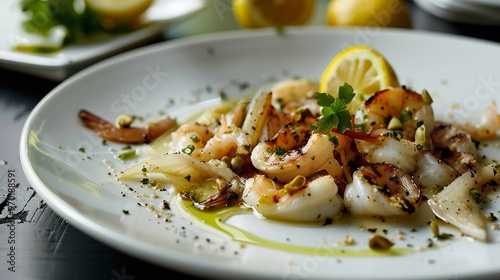 Fine dining sliced and grilled calamari seafood entree on large white plate : Generative AI