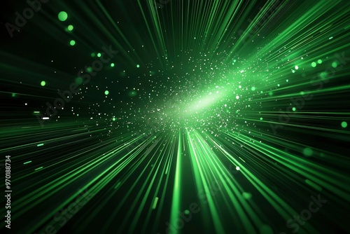 Abstract Green Lines and Glowing Particles Radiating Outward