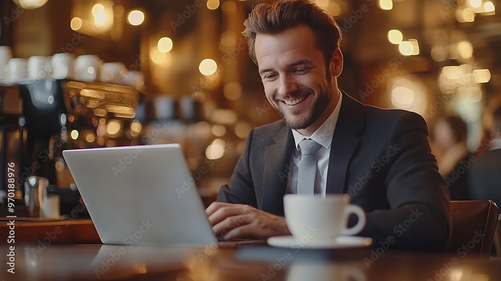 A joyous Caucasian male in a sharp suit works diligently on his laptop surrounded by the warm ambiance of a local coffee house cup nearby : Generative AI A joyous Caucasian male in a sharp suit works diligently on his laptop surrounded by the warm ambiance of a local coffee house cup nearby : Generative AI